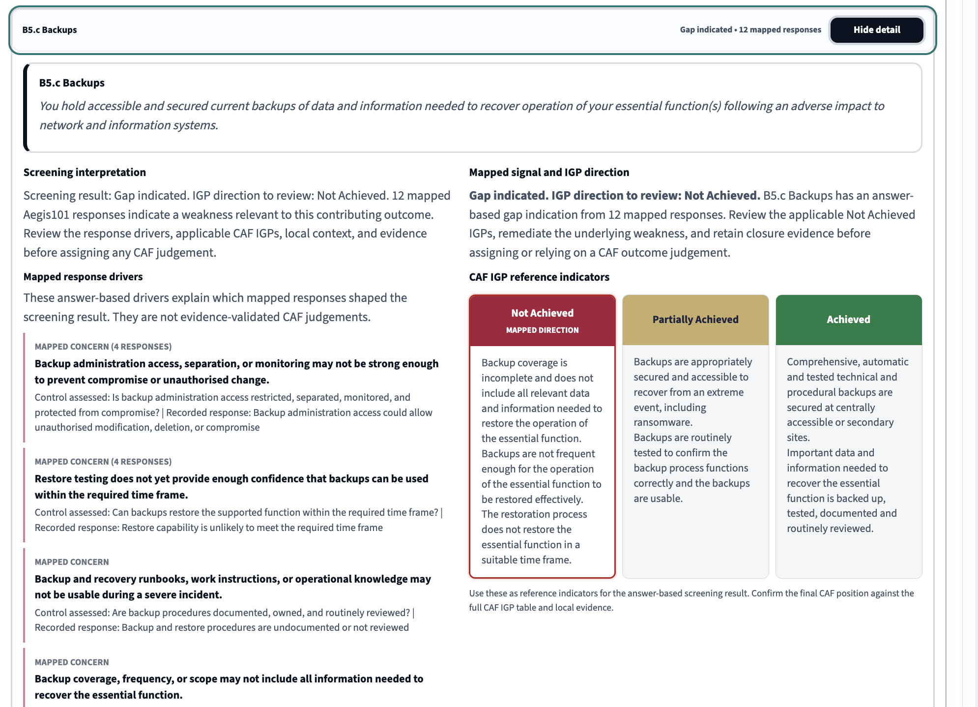Sanitised CAF B5.c Backups report view showing mapped response drivers and CAF IGP reference indicators