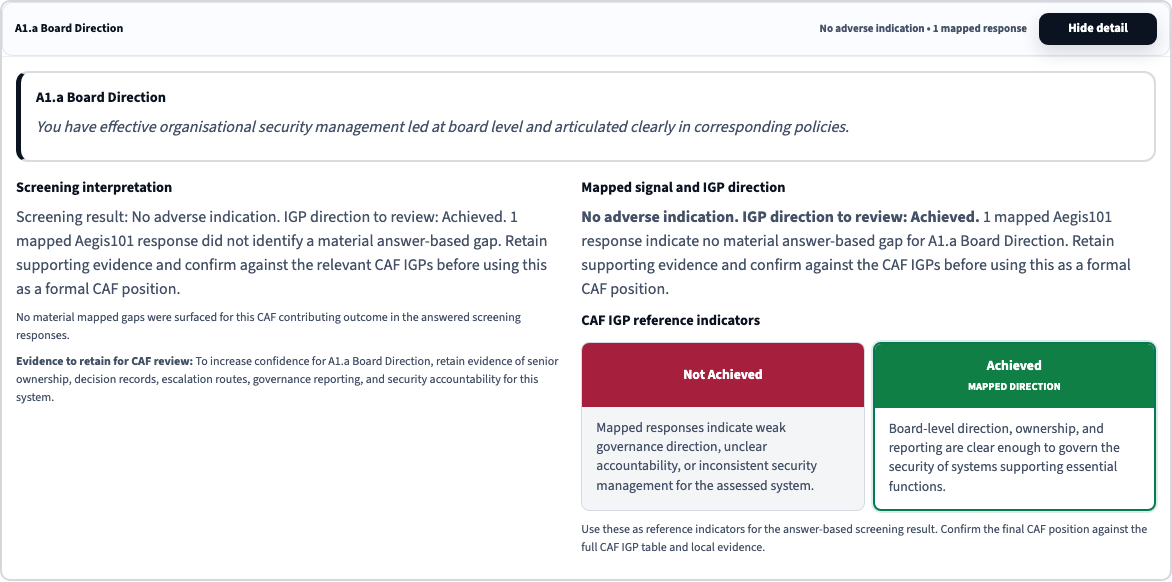 Illustrative NCSC CAF contributing outcome showing the mapped response driver, screening interpretation, IGP direction, evidence requirement, and judgement boundary