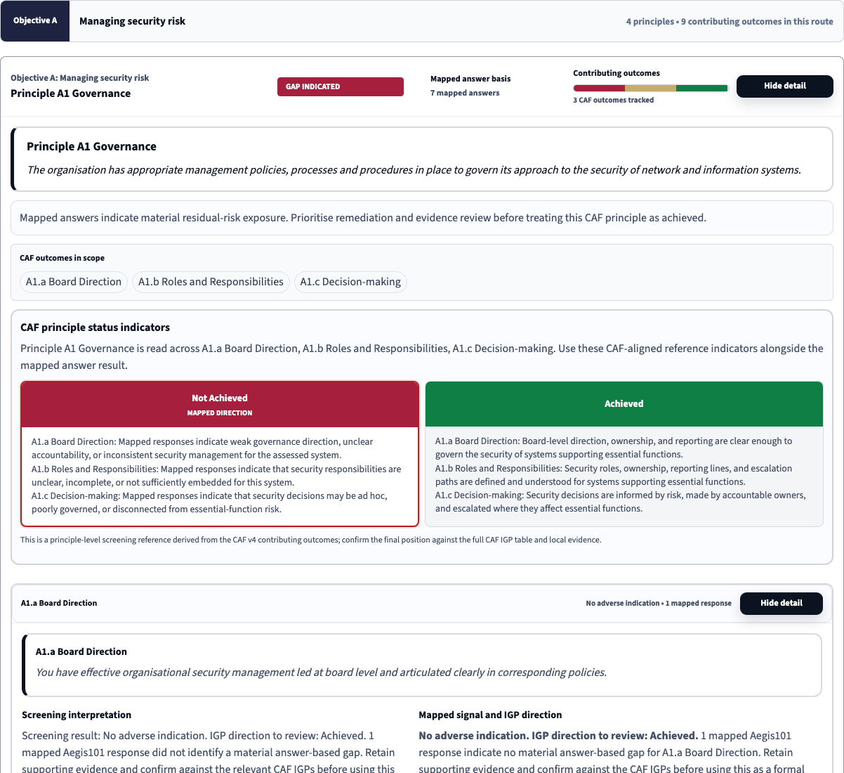 Illustrative Aegis101 CAF principle view showing the objective and principle hierarchy, mapped direction, contributing outcomes, and outcome-specific IGP reference states