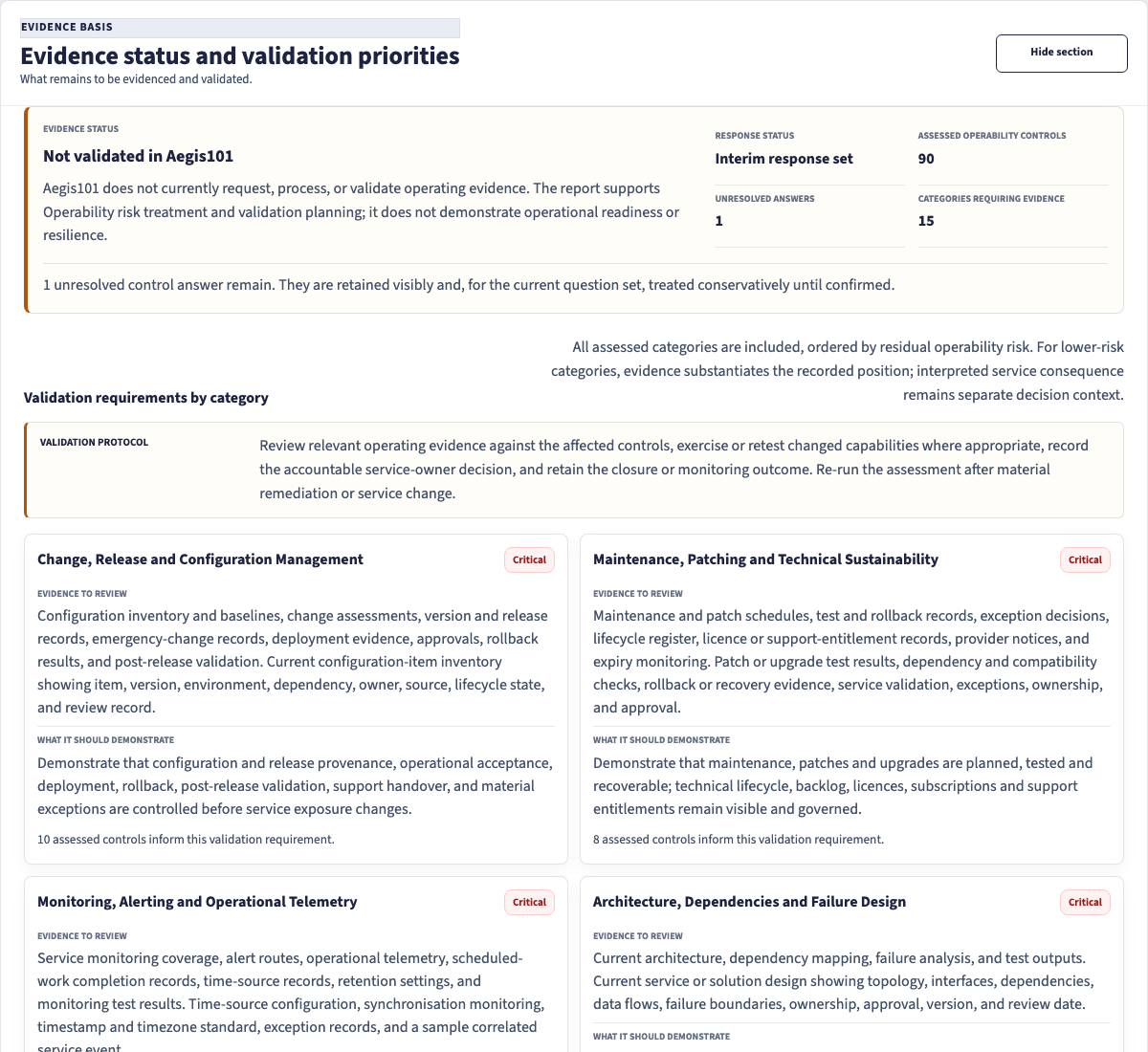 Illustrative Core Operability evidence section showing validation priorities and assurance boundaries